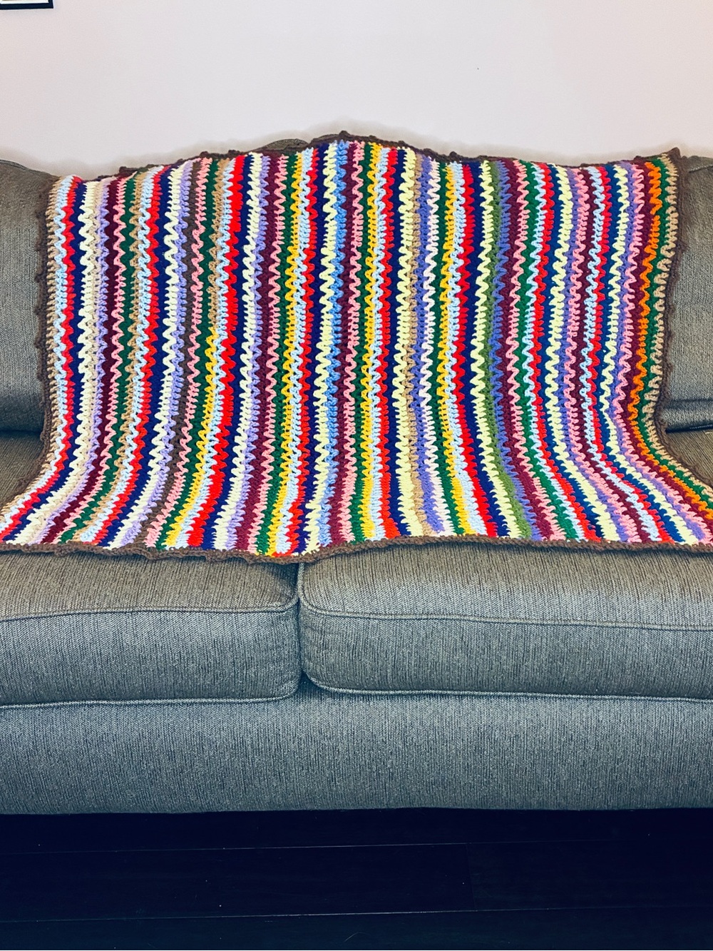 Handmade Vintage Multicolor Crochet Throw Blanket with Brown Trim 33” x 42”